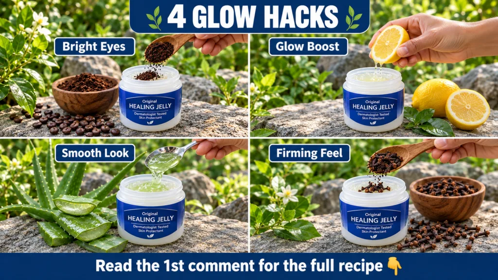 A 2x2 grid collage of four DIY Vaseline beauty hacks Each panel shows a hand mixing a natural ingredient turmeric coffee