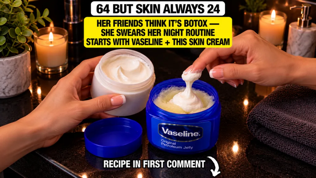 Hands mixing white cream into a jar of Vaseline with a lit candle in the background creating soft ambient light