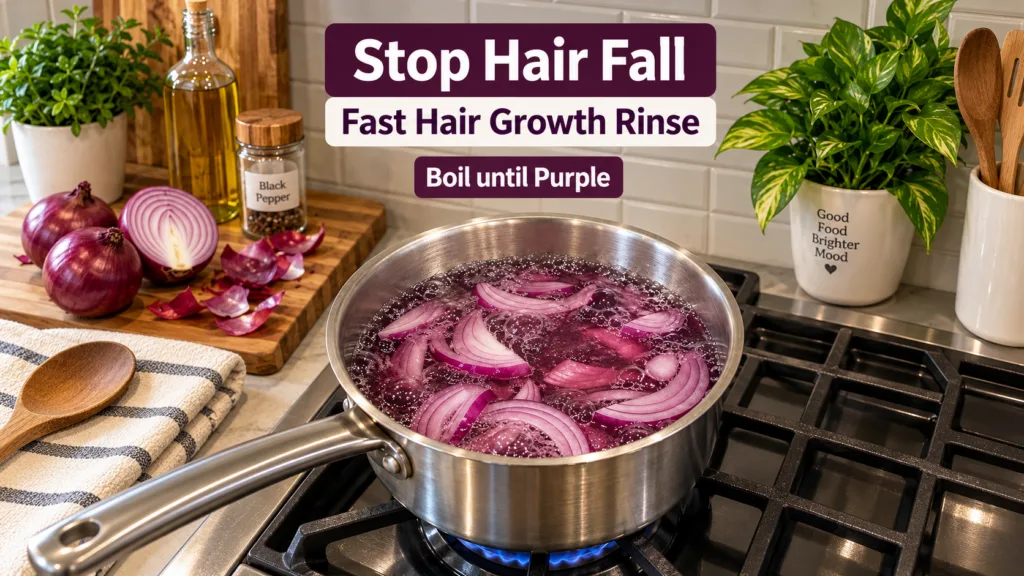 A stainless steel pot on a gas stove with a vibrant purple liquid containing red onion slices gently boiling In the back