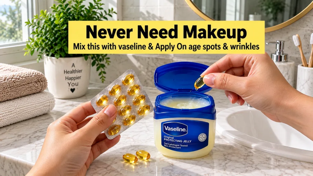 Hands preparing a skincare mixture on a bathroom countertop squeezing a golden vitamin E capsule into an open jar of Vas