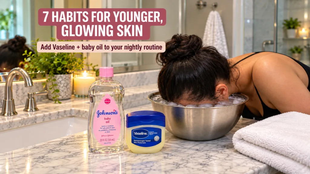 A person submerging their face in a metal bowl filled with ice water on a marble countertop Nearby are a bottle of Johns