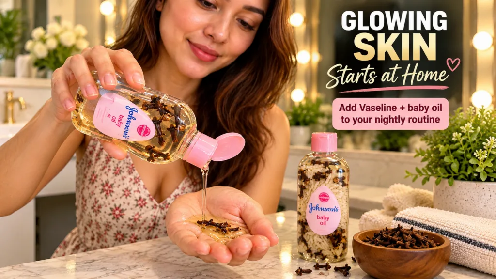 A woman smiling softly pouring Johnson s baby oil infused with cloves into her cupped hand Another bottle of baby oil wi