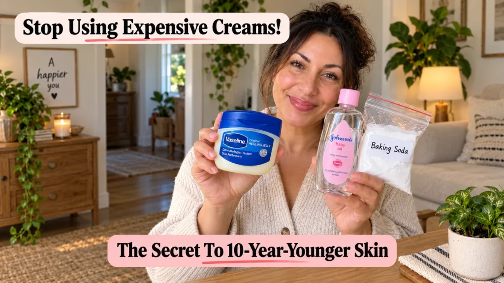 A smiling woman holds up three common household products Vaseline Johnson s Baby Oil and a bag of Baking Soda presenting