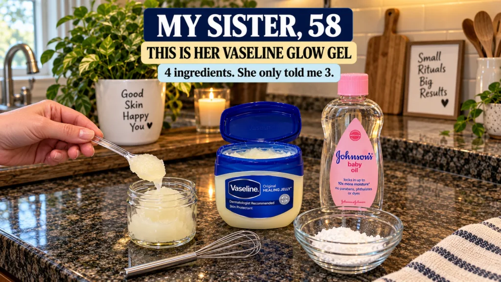 A hand scooping Vaseline from a large jar into a smaller one with a bottle of Johnson s baby oil a bowl of white powder