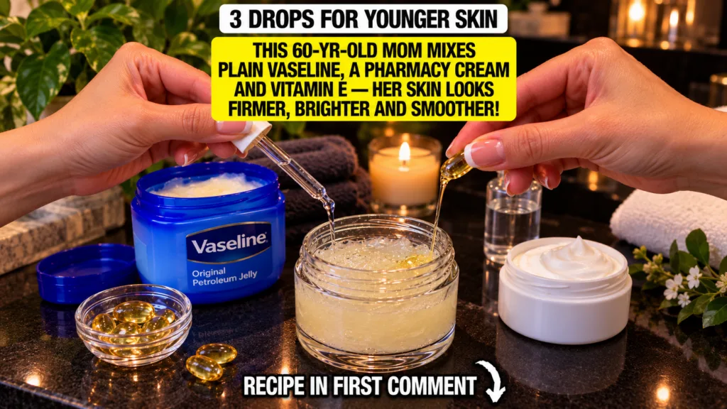 Hands mixing a yellow jelly-like substance with a dropper and a vitamin E capsule in a clear glass jar with a blue Vasel