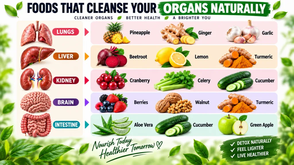An infographic showing five human organs lungs liver kidney brain intestine on the left each paired with three specific 