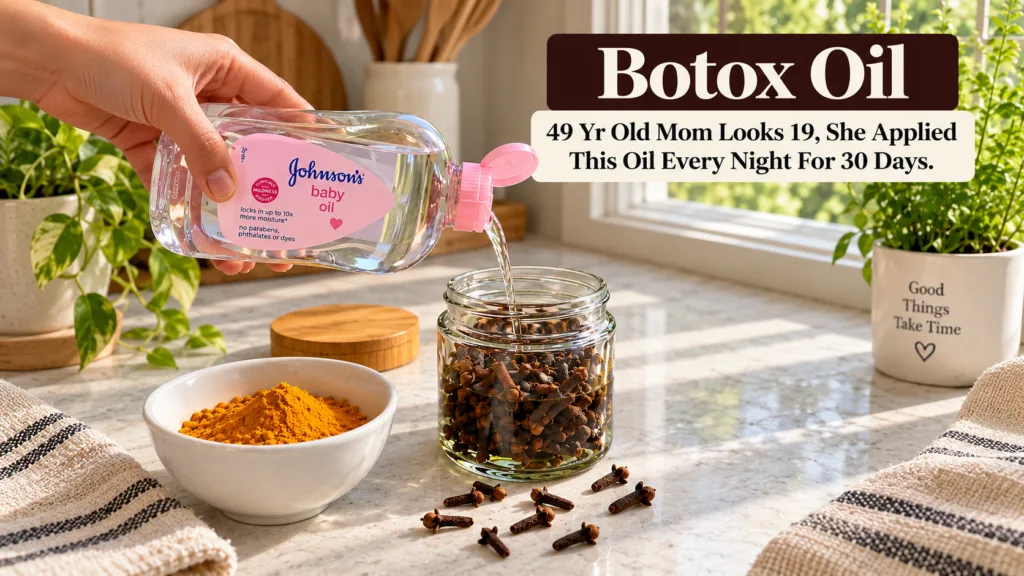 A hand pouring baby oil into a clear glass jar containing dried cloves with a bowl of turmeric powder nearby on a marble