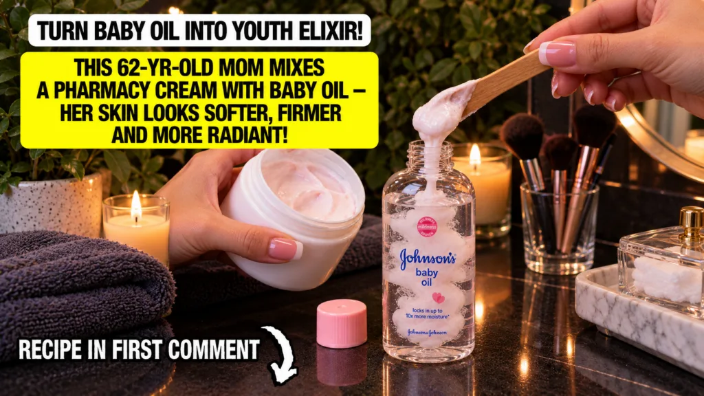 Hands mixing a pink calamine lotion into a bottle of Johnson s baby oil with a wooden spoon with clear aloe vera gel nea