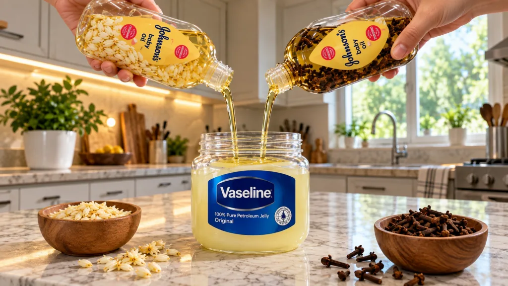Hands pouring Johnson s Baby Oil from bottles into a large jar of Vaseline with bowls of natural ingredients like rice p