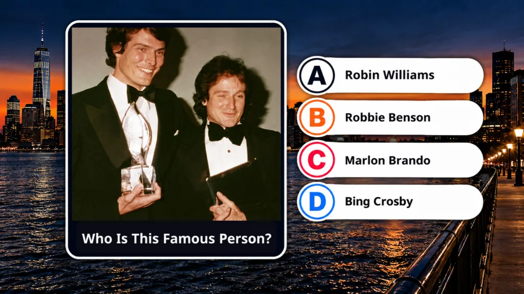 Quiz interface showing Christopher Reeve and Robin Williams in tuxedos with quiz options below