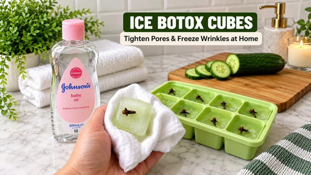 A hand holding a clove-infused ice cube wrapped in a white cloth surrounded by various skincare items like Johnson s bab