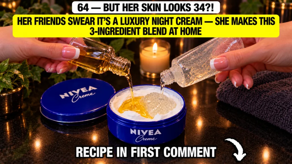 Two hands pouring golden oil and clear gel into a jar of Nivea Creme with a lit candle and dark towel in the soft-focus