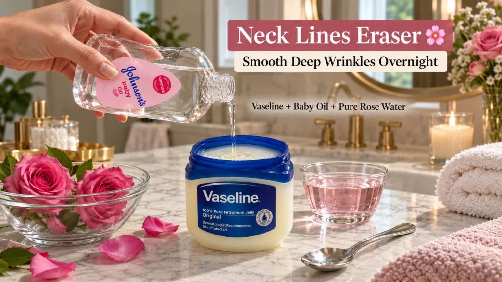 A hand pouring Johnson s Baby Oil into a tub of Vaseline with a pink rose and rose water nearby