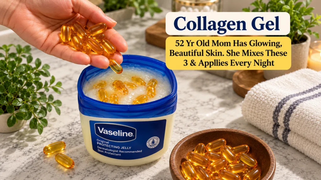 Hand holding amber capsules over an open tub of Vaseline with more capsules in the tub and scattered around set against