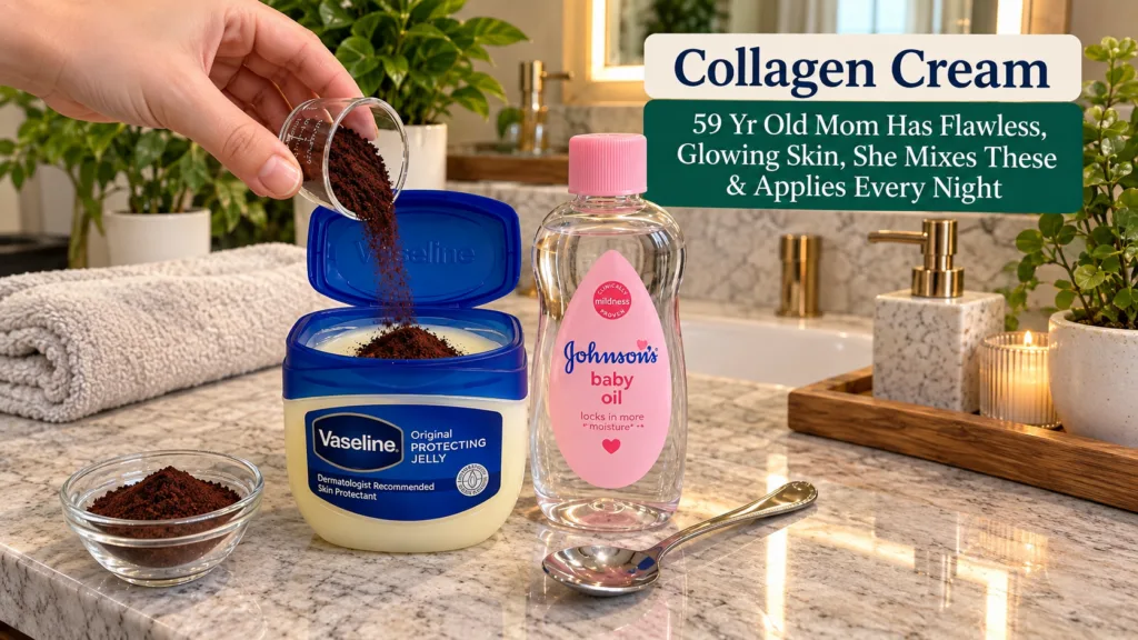 Hand pouring dark powder into Vaseline jar with baby oil nearby