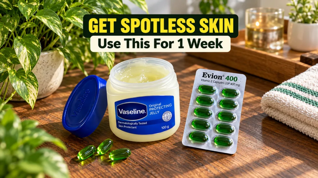 An open jar of Vaseline Original Protecting Jelly and a blister pack of Evion 400 Vitamin E Capsules with three loose ca