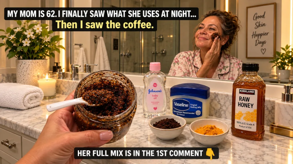 A woman gently applying a coffee scrub to her face looking into a bathroom mirror In the foreground a hand holds a jar o