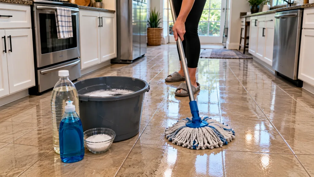 A person mopping a kitchen floor with a bucket of cleaning solution two bottles of liquid cleaner and a small bowl of wh