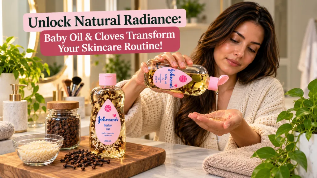 A woman pouring clove-infused baby oil into her hand with another bottle whole cloves and ground cloves on a wooden boar