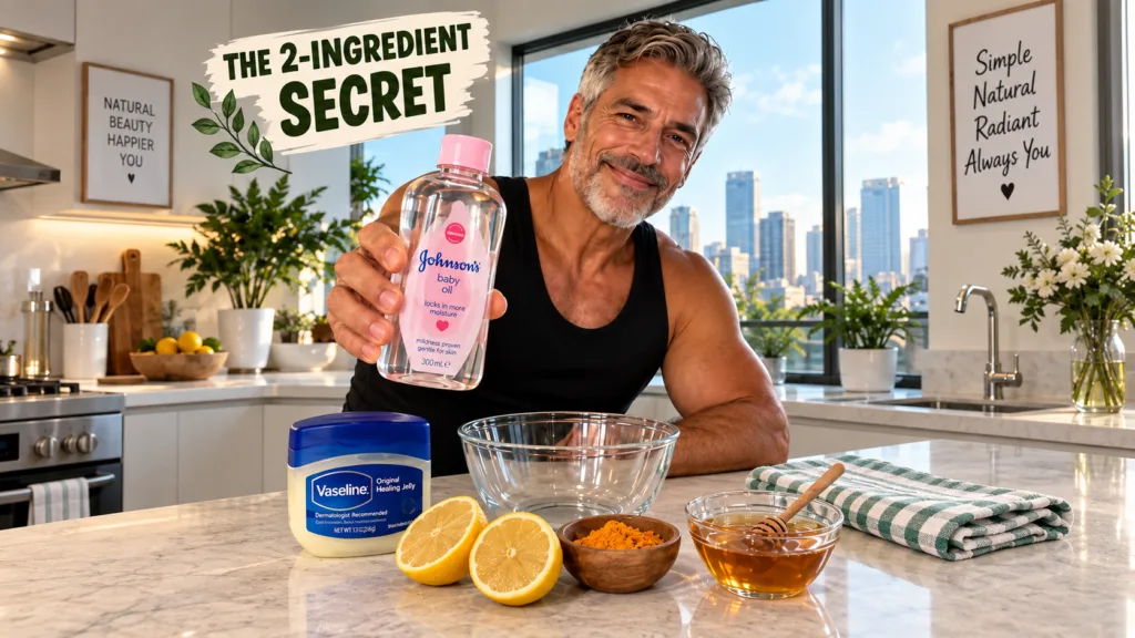 A smiling man in a bright modern kitchen holding a bottle of Johnson s baby oil with Vaseline lemon turmeric and honey o