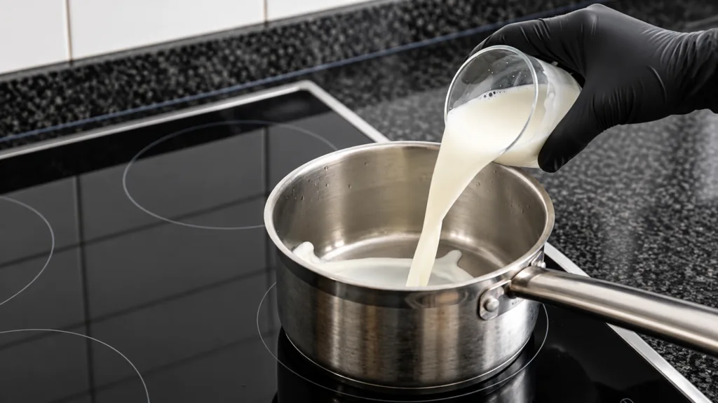 A hand in a black glove pouring white plant-based milk from a glass into a stainless steel pot on a black induction stov