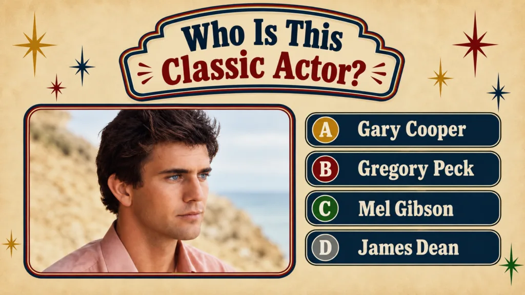 A retro-style quiz poster asking Who Is This Classic Actor featuring a headshot of a young Paul Newman with dark wavy ha