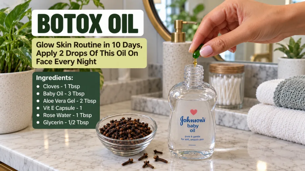 A hand dripping liquid from a green vitamin E capsule into a bottle of baby oil on a marble countertop with cloves in a 