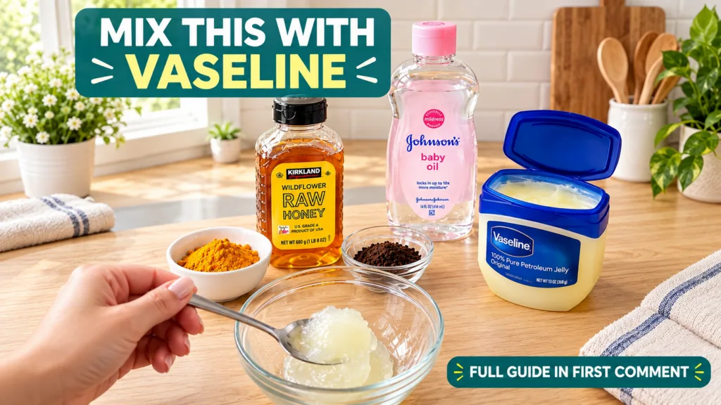 A collection of common household and beauty ingredients like Vaseline honey turmeric and coffee arranged on a wooden cou