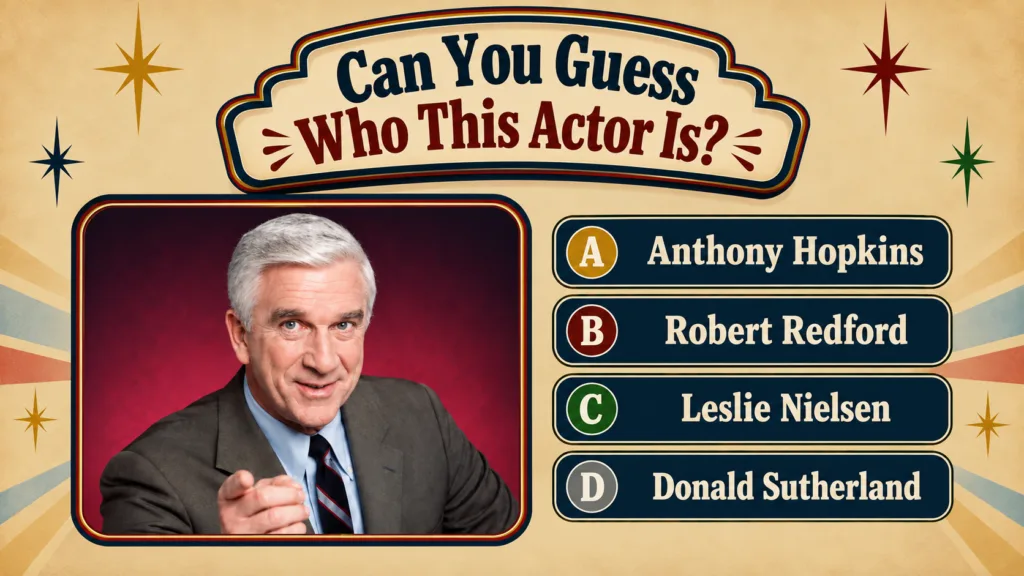 A retro-themed quiz image featuring a portrait of Leslie Nielsen smiling and pointing directly at the viewer with four m