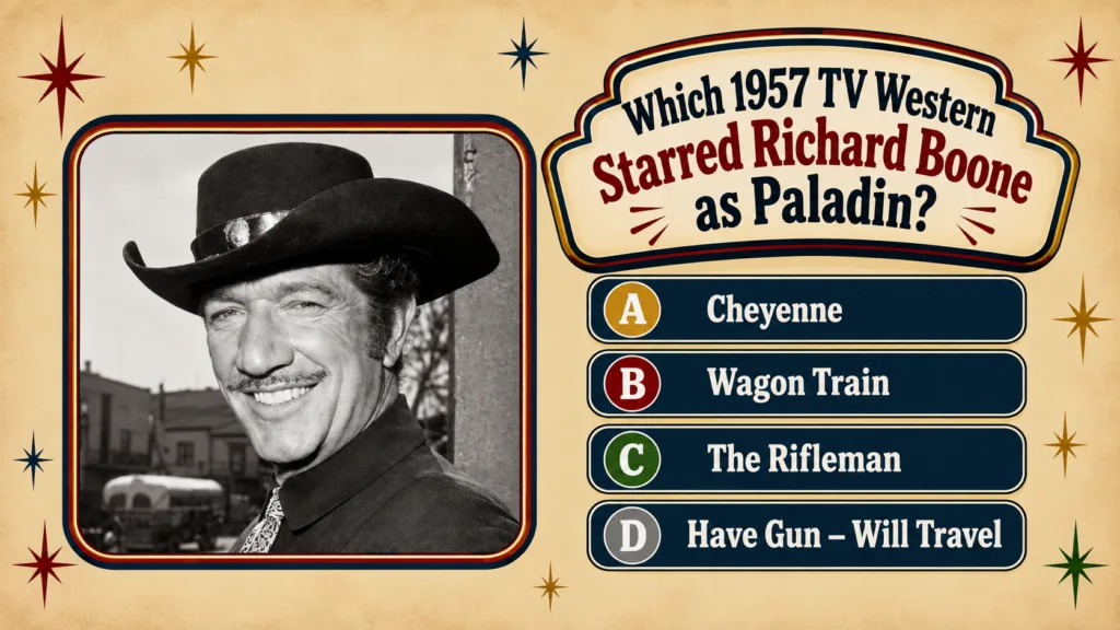 Vintage-style trivia card featuring a black and white portrait of actor Richard Boone in a cowboy hat smiling The card a