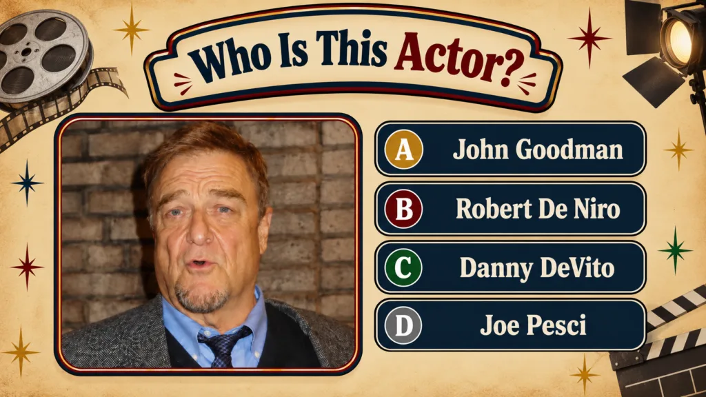 A vintage-style quiz card featuring a portrait of actor John Goodman with the question Who Is This Actor and multiple-ch