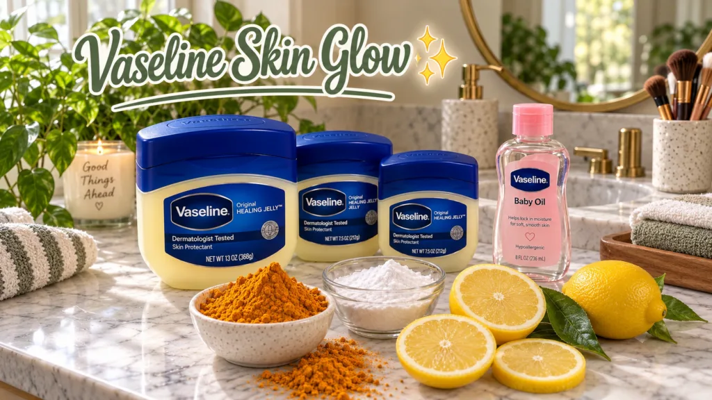A variety of Vaseline products jars of healing jelly baby oil displayed with natural ingredients like turmeric powder sl