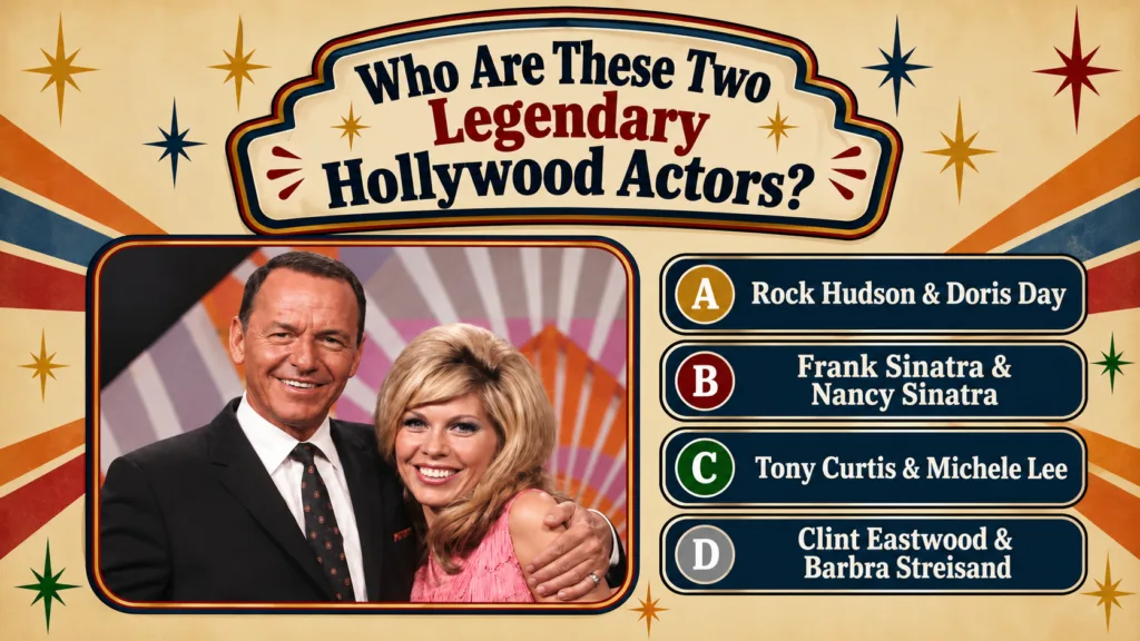 A retro-themed trivia card with a photo of Frank Sinatra and Nancy Sinatra framed by the question Who Are These Two Lege