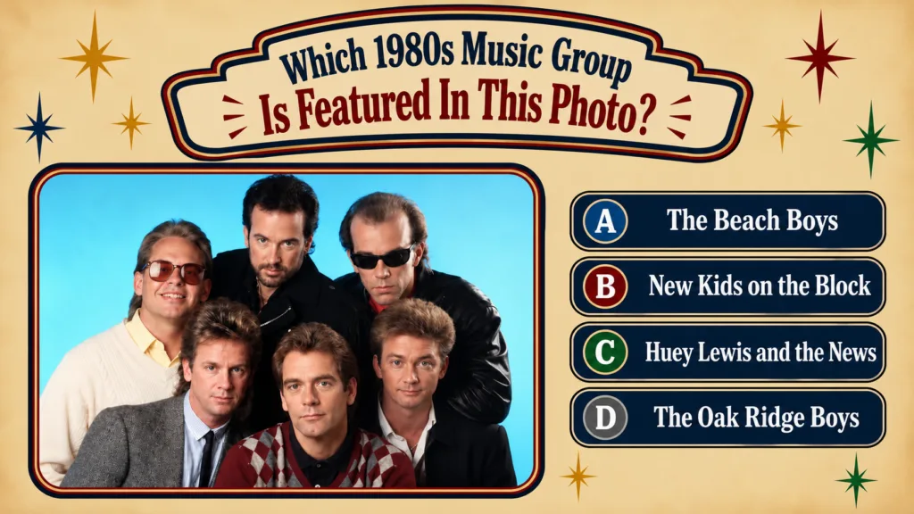 A retro-themed quiz poster featuring a photograph of the 1980s band Huey Lewis and the News The six band members are pos