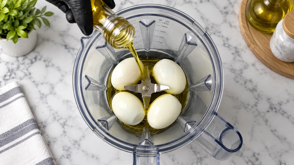 A hand in a black glove pouring golden olive oil from a clear bottle into a transparent bowl with cooked chickpeas repre
