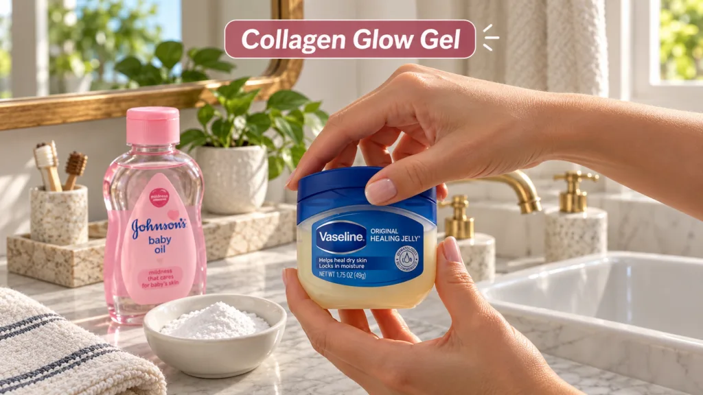 A pair of hands holding a jar of Vaseline Original Healing Jelly in a bathroom setting with a pink banner overlay saying