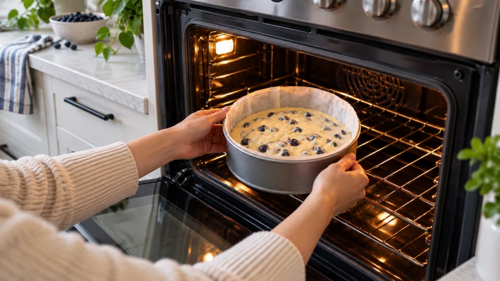 Hands in a light-colored sweater carefully placing a round baking pan filled with blueberry batter into a brightly lit o