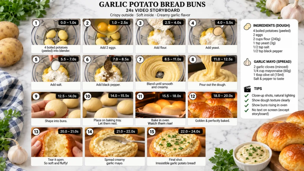 A 15-panel storyboard detailing the recipe for garlic potato bread buns from ingredient preparation to the final baked a