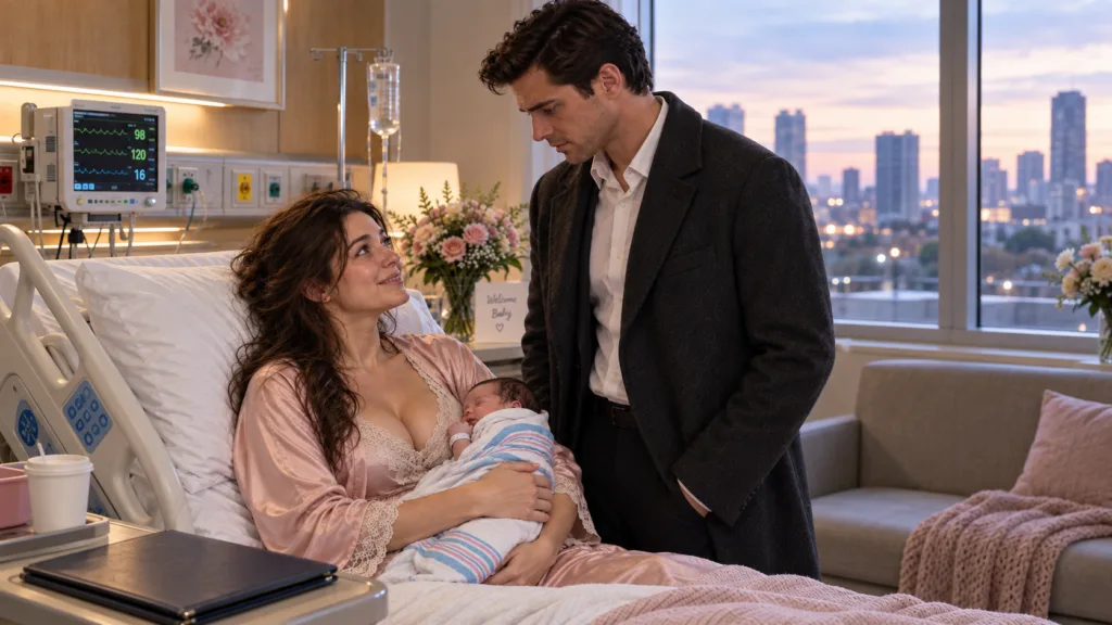A new mother in a hospital bed cradling her newborn looking up tearfully at a man standing beside her who appears confli