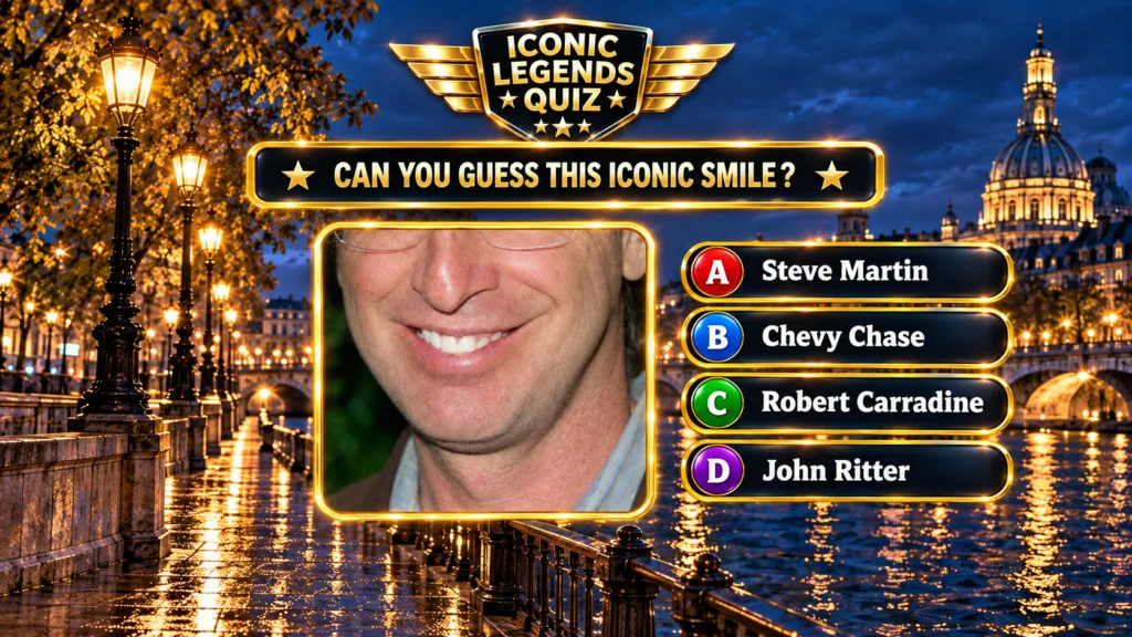 A mobile game quiz interface showing a close-up of a man s smiling face partially obscured by quiz elements against a be