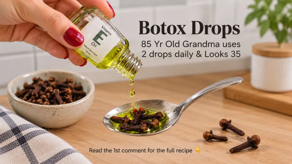 A hand pouring Vitamin E oil from a small bottle into a spoon already containing dried cloves submerged in oil with a bl