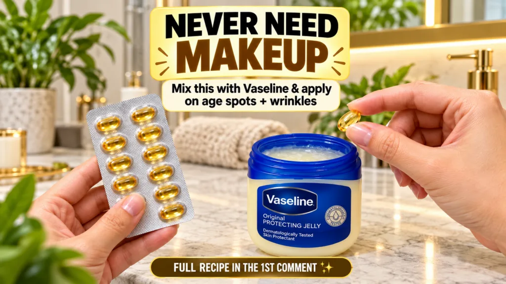 A pair of hands holding a blister pack of golden softgel capsules and a single capsule next to an open jar of Vaseline O