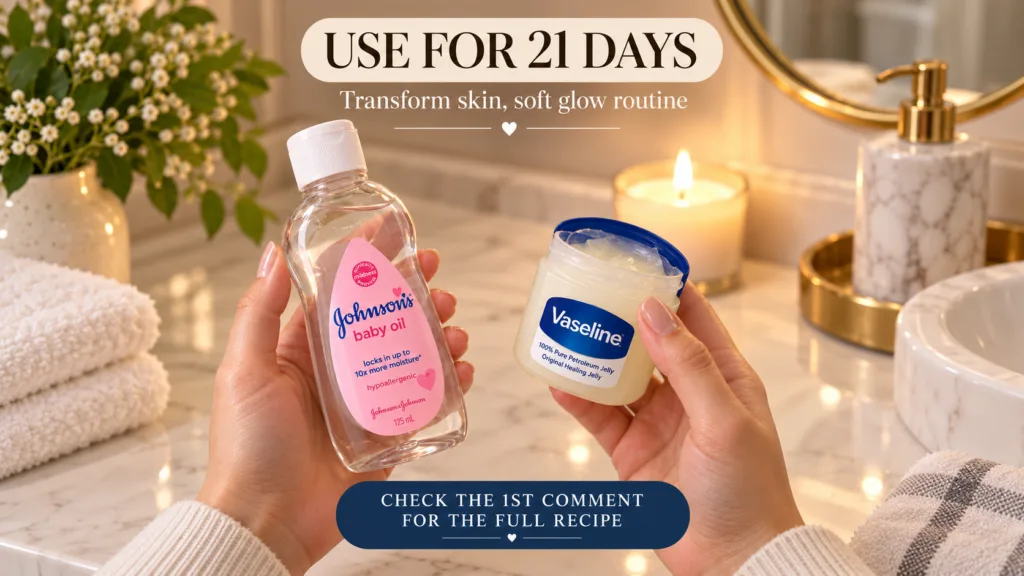 Close-up of two hands holding Johnson s baby oil and Vaseline petroleum jelly on a softly lit bathroom counter with a ca