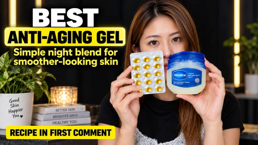 A young woman holding a blister pack of golden capsules likely Vitamin E in her left hand and a jar of Vaseline Healing