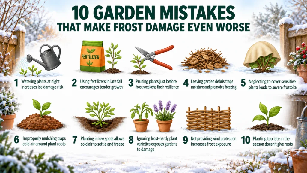 An educational infographic titled 10 Garden Mistakes That Make Frost Damage Even Worse with ten sections each with an ic