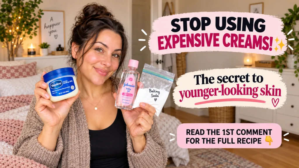 A smiling woman holding a tub of Vaseline a bottle of Johnson s Baby Oil and a small bag of baking soda showcasing affor