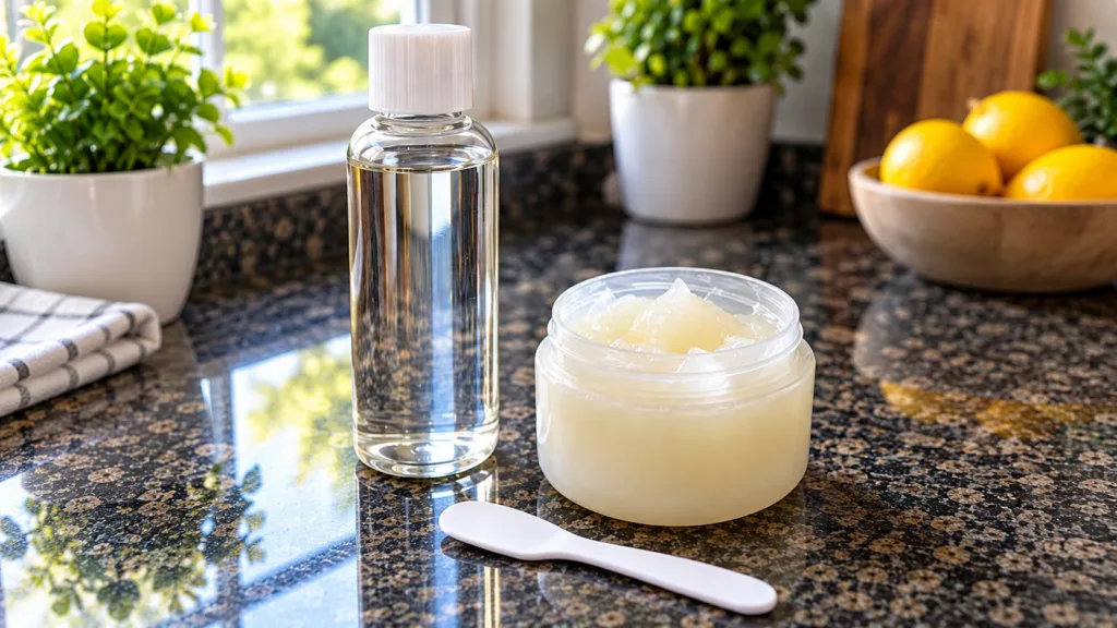 A small clear jar filled with a translucent light green aloe vera and vitamin E gel with fresh aloe leaves and a small b