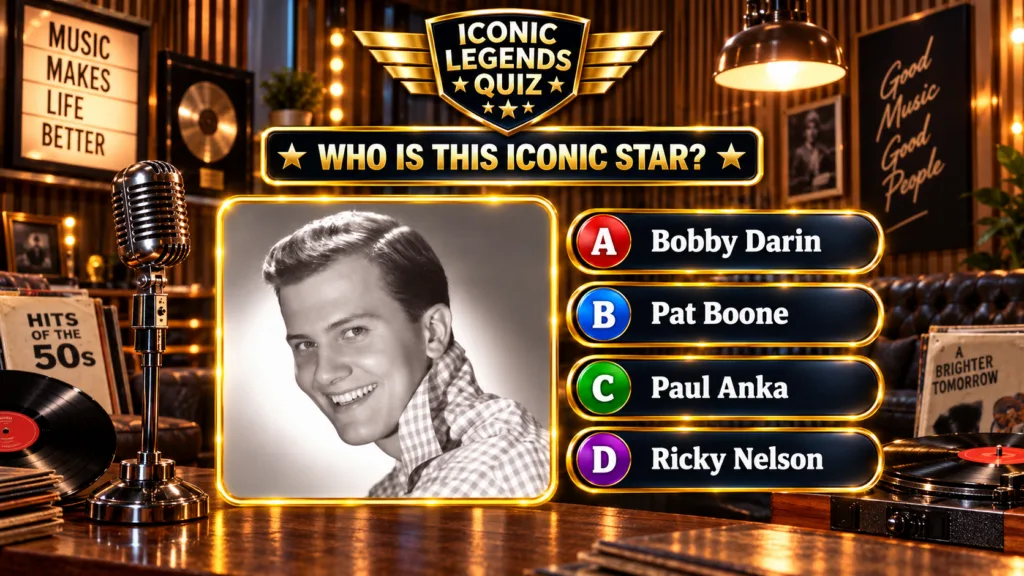 A vertical quiz interface for Iconic Legends Quiz featuring a black and white portrait of a smiling young Pat Boone as t