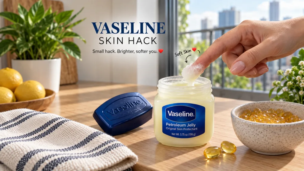 A hand scooping Vaseline petroleum jelly from a jar showing its direct use for skincare