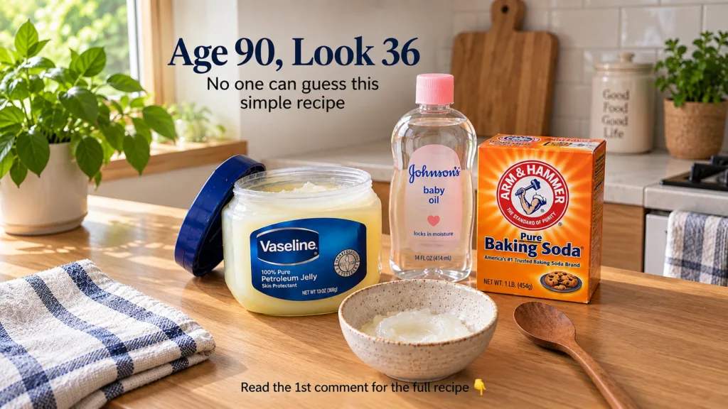 A well-lit clean wooden kitchen countertop with a large jar of Vaseline a bottle of Johnson s baby oil and a box of Arm 